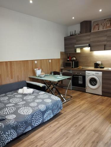 une chambre avec un lit et une table et une cuisine dans l'établissement Appartement 2 pièces rénover, à Nice