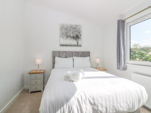 a white bedroom with a large bed and a window at Lodge 14 - The Tay Family in Perth