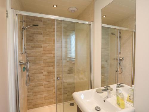 a bathroom with a shower and a sink and a shower at 32 Sanctuary Lodge in Pwllheli