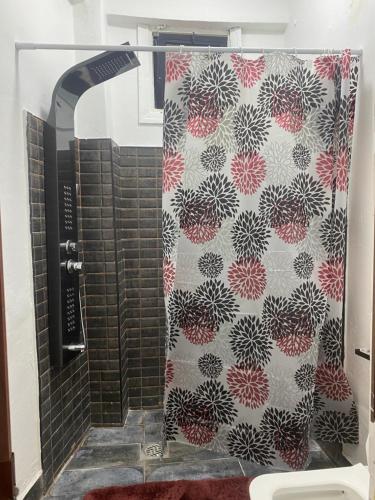 a shower in a bathroom with a shower curtain at Cozy apartment near Paris square in Amman