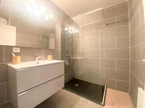 y baño con lavabo y ducha. en Apartment Antibes city-center & port en Antibes