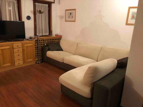 uma sala de estar com um sofá e uma televisão em Val D’Avio Home em Temù