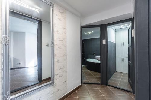 a bathroom with a large mirror and a toilet at Deluxe Quentin Apartment next to the Heroes Square in Budapest