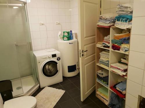 a bathroom with a washing machine and a toilet at New apartment near the sea in Krokelvdalen