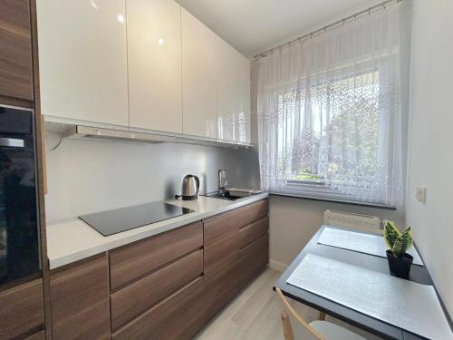 kuchnia z białymi szafkami, umywalką i oknem w obiekcie Apartament Neon w Szczecinie