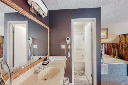 a large bathroom with a sink and a tub and a tubermott at Jacuzzi Suite 206 at Tradewinds in Eureka Springs