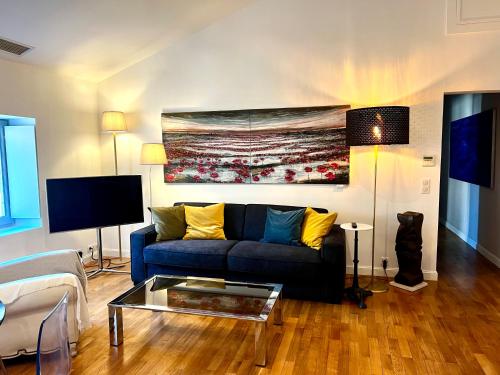 un salon avec un canapé bleu et un tableau dans l'établissement Le 47, à Avignon