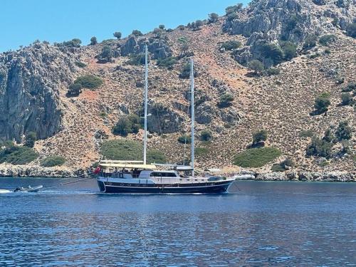 a boat in the water next to a mountain at Bluemarmarisgulettour in Marmaris