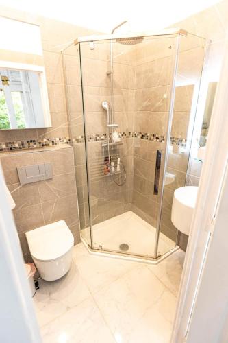 une salle de bain avec une douche, des toilettes et un lavabo dans l'établissement Chateau La Croix De Millorit, à La Reuille