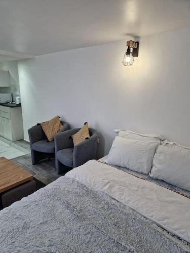 une chambre avec un lit, un canapé et des chaises dans l'établissement StudioNeuf équipé CDG/Parc Expo/ Paris, à Aulnay-sous-Bois