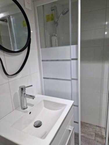 une salle de bain avec un lavabo, un miroir et une douche dans l'établissement StudioNeuf équipé CDG/Parc Expo/ Paris, à Aulnay-sous-Bois