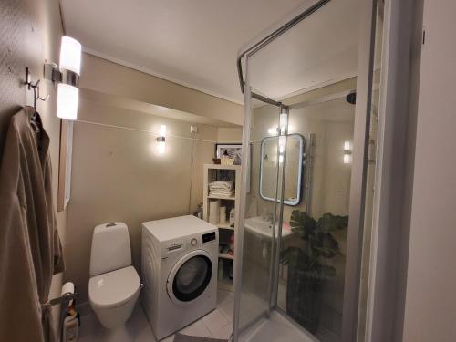 een badkamer met een douche en een wasmachine bij Apartment in Sandvika Bærum - Great view and Attractive in Østre Jong