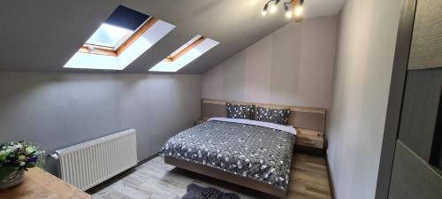 a bedroom with a bed and two skylights at Comfort Home Apartment 3 in Petroşani