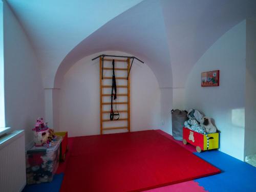 a room with a red carpet and a ladder at Rodinná chalupa Ostašovka Liberec in Liberec