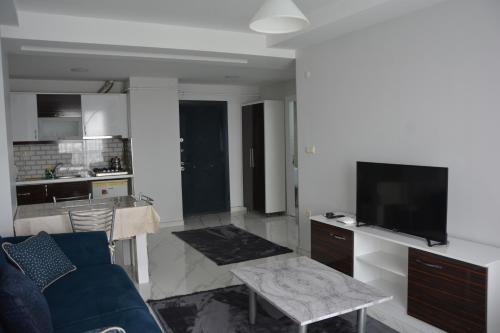 uma sala de estar com um sofá azul e uma televisão em Hera Rezidans em Kırac