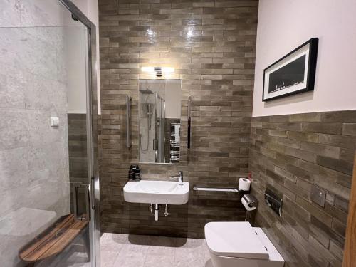 Raasay Studio Lodge في آريسايغ: حمام مع حوض ومرحاض ومرآة