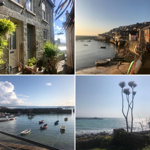 four different pictures of a river with boats in it at Janies Cottage~ Mousehole~Eclectic Interiors & Vintage Charm in Mousehole