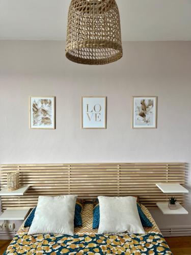 une chambre avec un lit avec deux oreillers dessus dans l'établissement Chambre privée dans un appartement partagé, à Villeurbanne