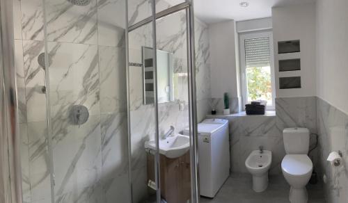 uma casa de banho com um WC, um lavatório e um chuveiro em Apartamenty Konopnicka em Bydgoszcz