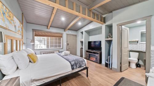 1 dormitorio con 1 cama grande y TV en Blue Jay Lodge en South Lake Tahoe