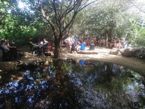 a group of people sitting around a pond in a park at Donkey clinic and education center in Mannar