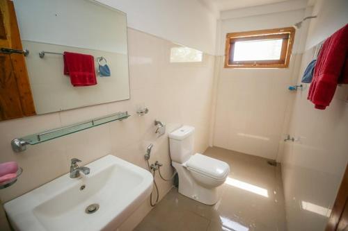 uma casa de banho branca com um WC e um lavatório em Donkey clinic and education center em Manar