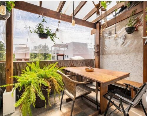 墨西哥城的住宿－Suites Club de Golf，庭院设有木桌、椅子和植物