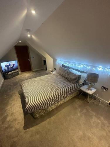 een slaapkamer met een bed en een tv in een kamer bij Cozy 1 bed Urban Haven in Swithland