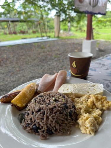 a plate of food with rice and other foods on a table at Hope Garden in Sarapiquí