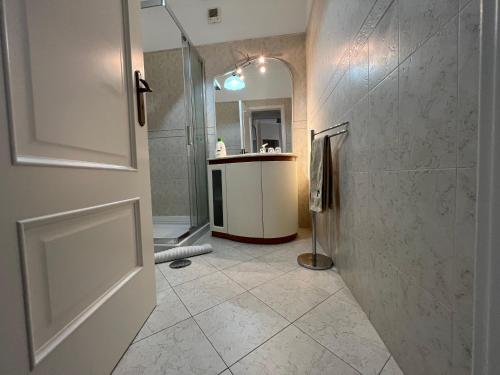 een badkamer met een douche, een wastafel en een spiegel bij Villa Formosa in Funchal