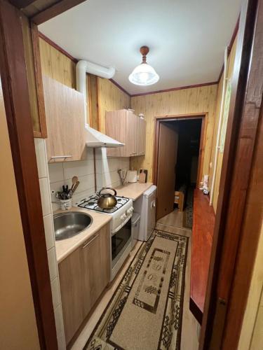 a kitchen with a sink and a stove at Agroturystyka Pokoje U Sołtysa in Goniadz