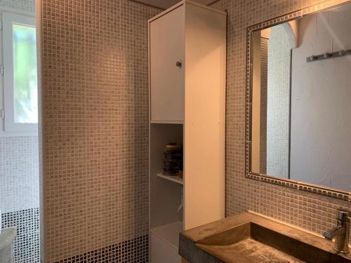 een badkamer met een wastafel en een spiegel bij Chambre(s) d'hôte chez Mam's in Beaucaire