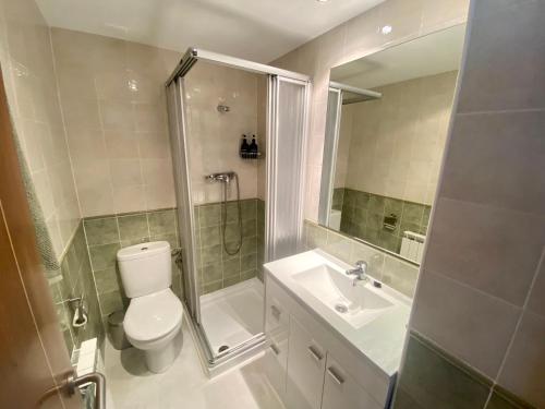 ビジャノバにあるApartamento Balcón del Éseraのトイレ、洗面台、シャワー付きのバスルーム
