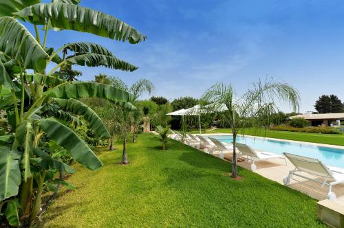 - une piscine avec des chaises longues et des arbres à côté d'une cour dans l'établissement Masseria San Rocco, à Gallipoli