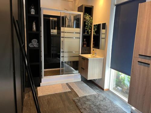 a bathroom with a glass shower and a sink at The marine apartment near Amsterdam in Kortenhoef