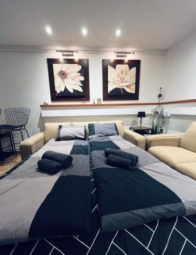 een slaapkamer met een groot bed en een bank bij Nairo Aparthotel in Braşov