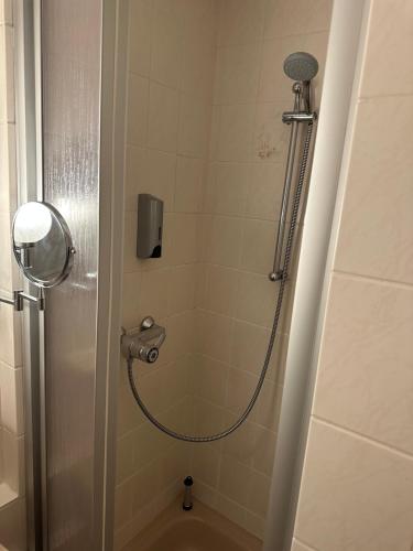 a bathroom with a shower with a toilet in it at Gasthaus Unikat in Unterlüß