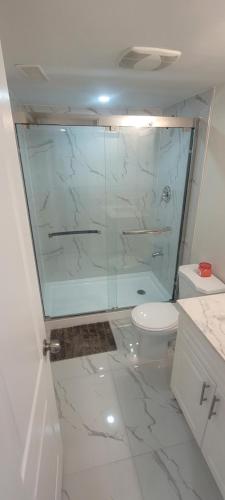 a bathroom with a glass shower and a toilet at Comfy basement near KW airport in Kitchener