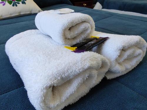 ein weißes Handtuch mit Fernbedienung darüber in der Unterkunft Hotel Los Cuartos in Tafí del Valle