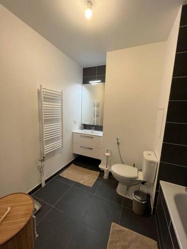 une salle de bain avec des toilettes blanches et un lavabo dans l'établissement Magnifique appartement sur la seine, à Alfortville