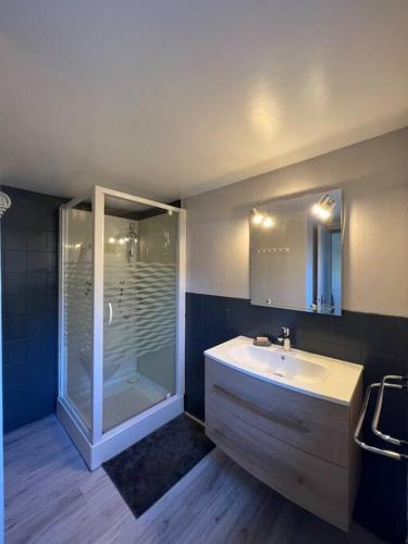 une salle de bain avec une douche, un lavabo et des toilettes dans l'établissement Chalet Marie-Louise - Gérardmer, à Gérardmer