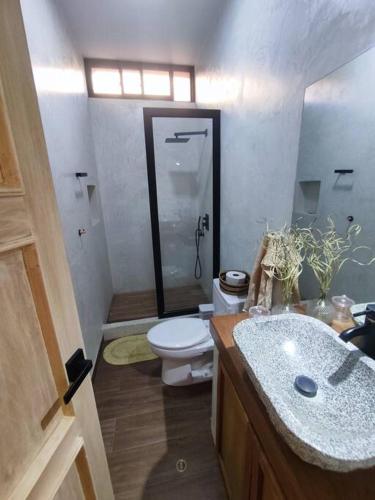 uma casa de banho com um WC, um chuveiro e um lavatório. em Casa Natural em Los Órganos