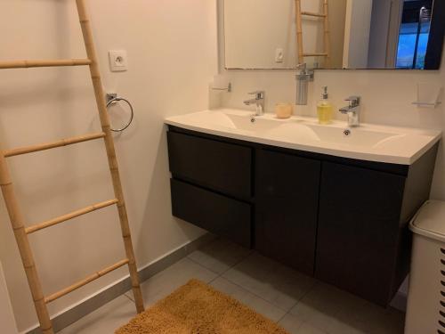 a bathroom with a sink and a mirror and a ladder at Kaili Ocean view luxury 2BR AC throughout Fiber Wifi & Pool in Papeete