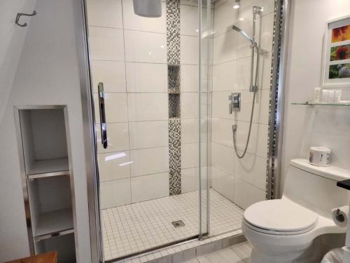 a bathroom with a glass shower with a toilet at Auberge des Nuages in La Malbaie