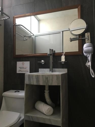 a bathroom with a sink and a mirror and a toilet at Hotel Tao in Atlixco