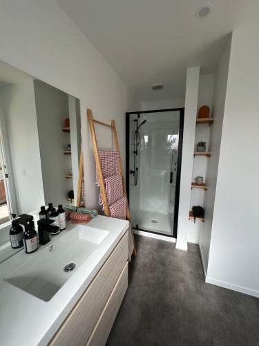 une salle de bain avec un lavabo blanc et une douche dans l'établissement Paradise by Simpsons beach, à Whitianga