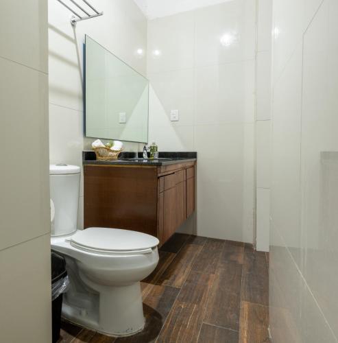 a bathroom with a toilet and a large mirror at Casa De Los Remedios Morelia in Morelia