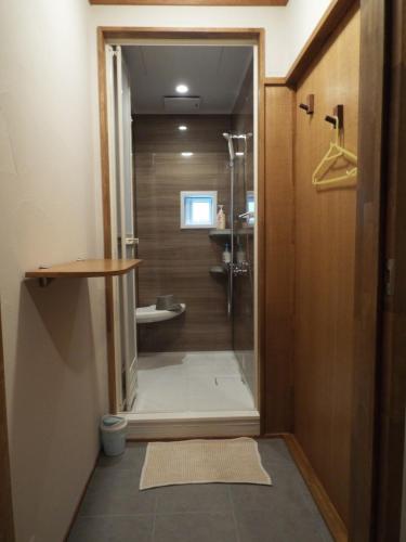 La salle de bains est pourvue d'une douche, de toilettes et d'un lavabo. dans l'établissement Inn Wataboshi, à Hakuba