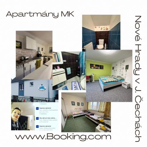 a collage of photos of a bedroom and a living room at Apartmány MK u MODRÉ KOČKY in Nové Hrady