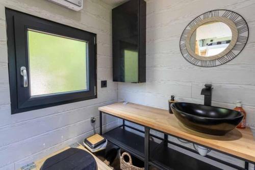 uma casa de banho com um lavatório preto e um espelho em Mini maison Tiny house 6 per 3800m2 jardin Jacuzzi em Pontault-Combault
